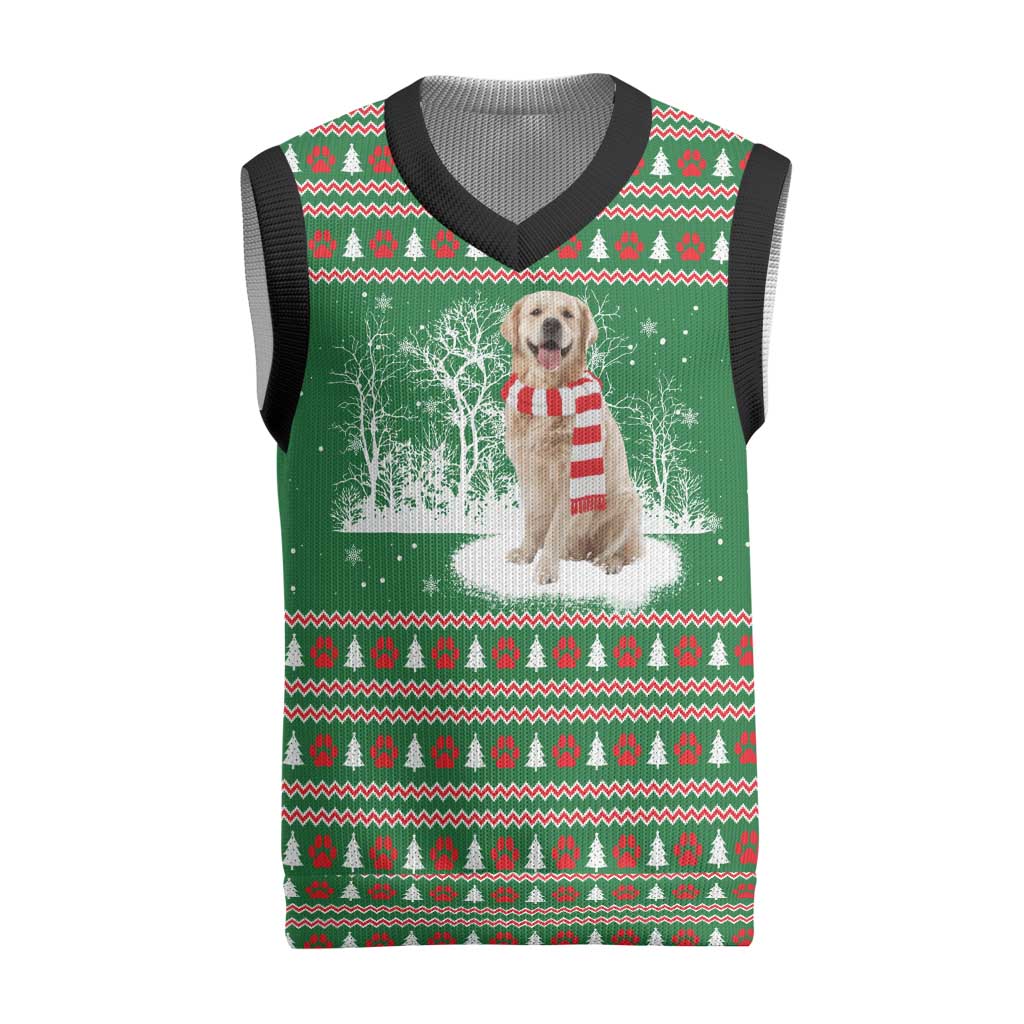 Golden Retriever Christmas Knitted V-Neck Vest with Red Scarf Snowflakes and Tree Pattern - Wonder Print Shop