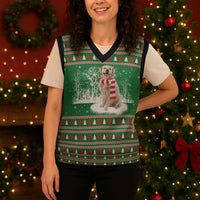 Golden Retriever Christmas Knitted V-Neck Vest with Red Scarf Snowflakes and Tree Pattern - Wonder Print Shop