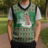 Golden Retriever Christmas Knitted V-Neck Vest with Red Scarf Snowflakes and Tree Pattern - Wonder Print Shop