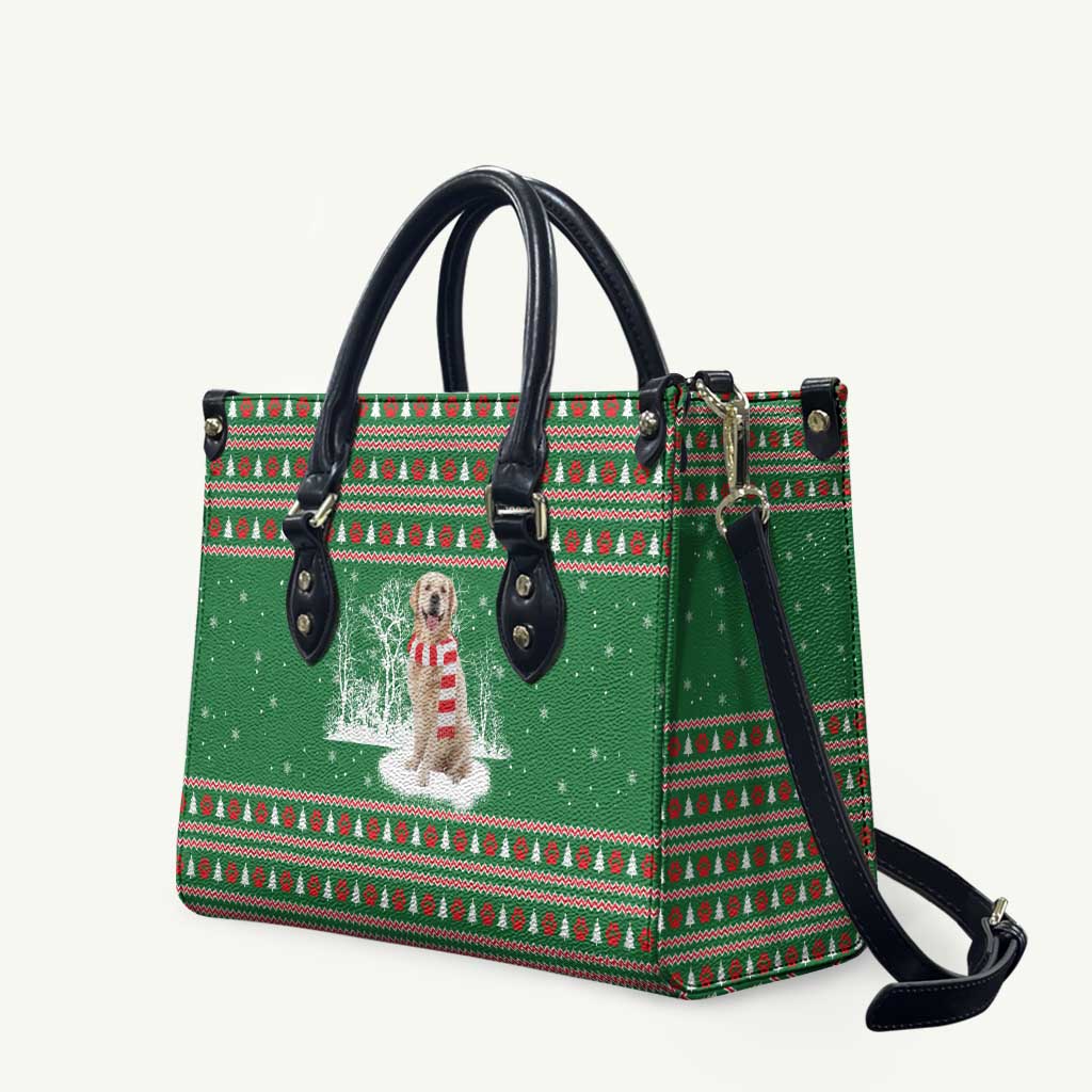 Golden Retriever Christmas Leather Bag with Red Scarf Snowflakes and Tree Pattern - Wonder Print Shop