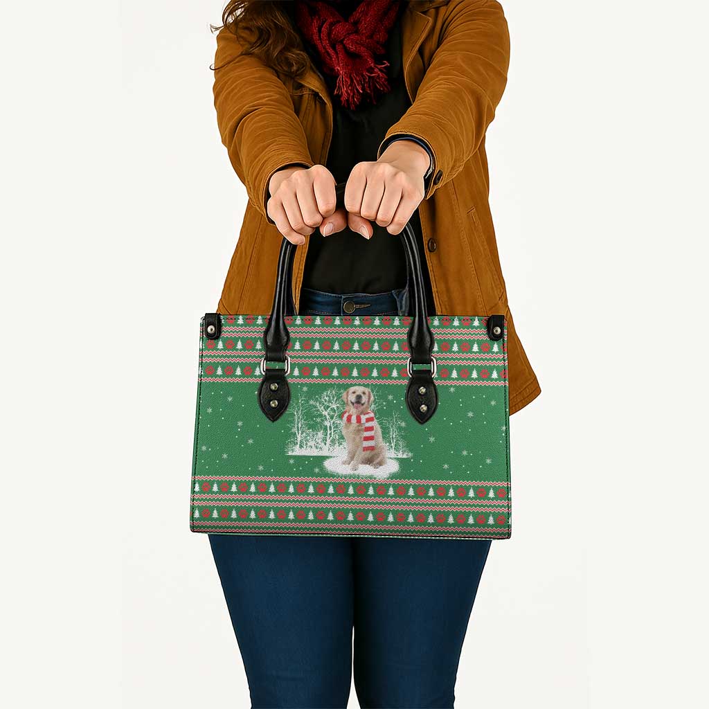 Golden Retriever Christmas Leather Bag with Red Scarf Snowflakes and Tree Pattern - Wonder Print Shop