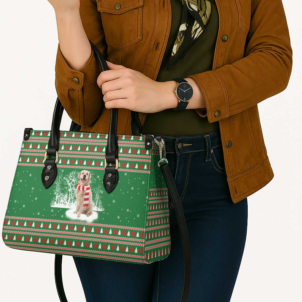 Golden Retriever Christmas Leather Bag with Red Scarf Snowflakes and Tree Pattern - Wonder Print Shop
