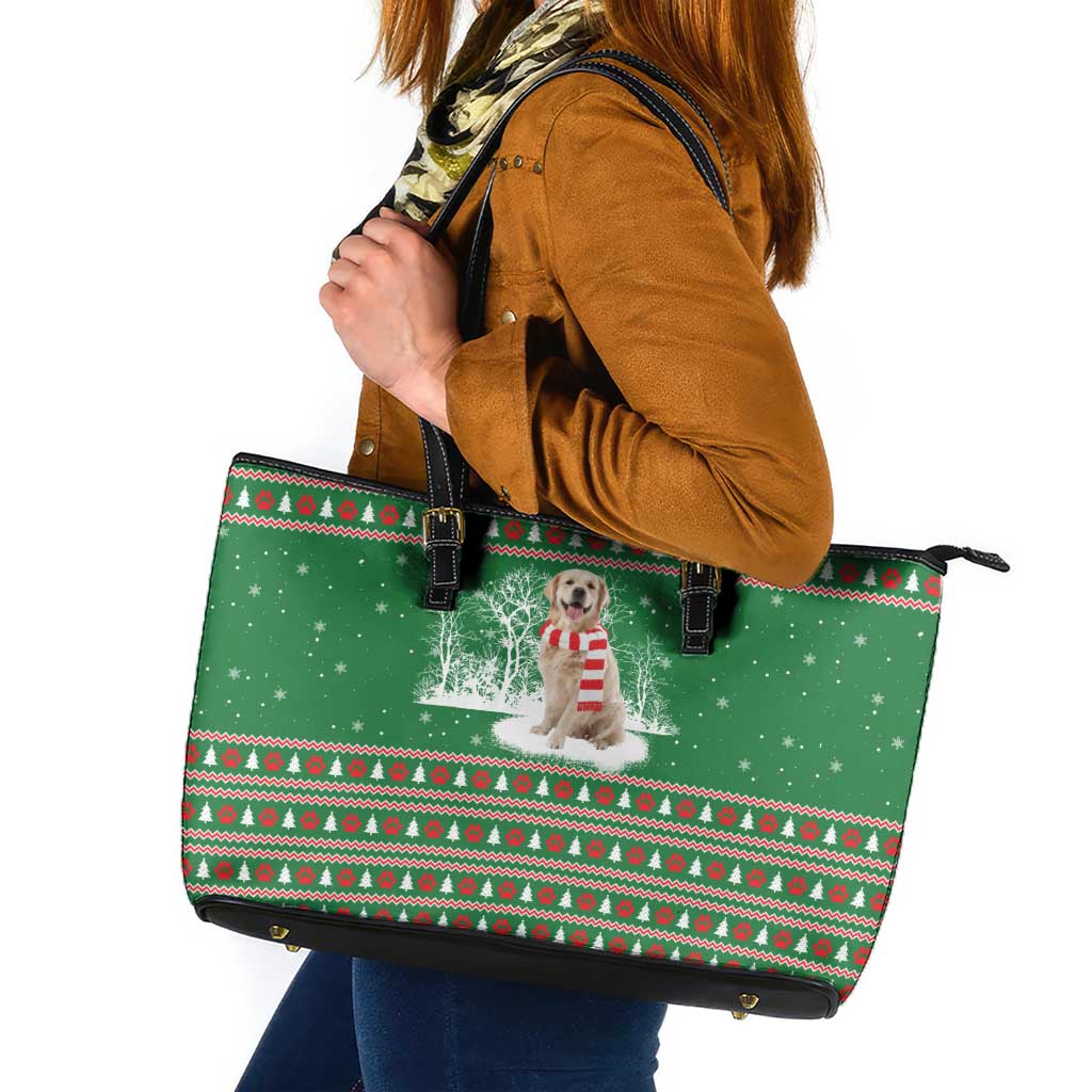 Golden Retriever Christmas Leather Tote Bag with Red Scarf Snowflakes and Tree Pattern - Wonder Print Shop