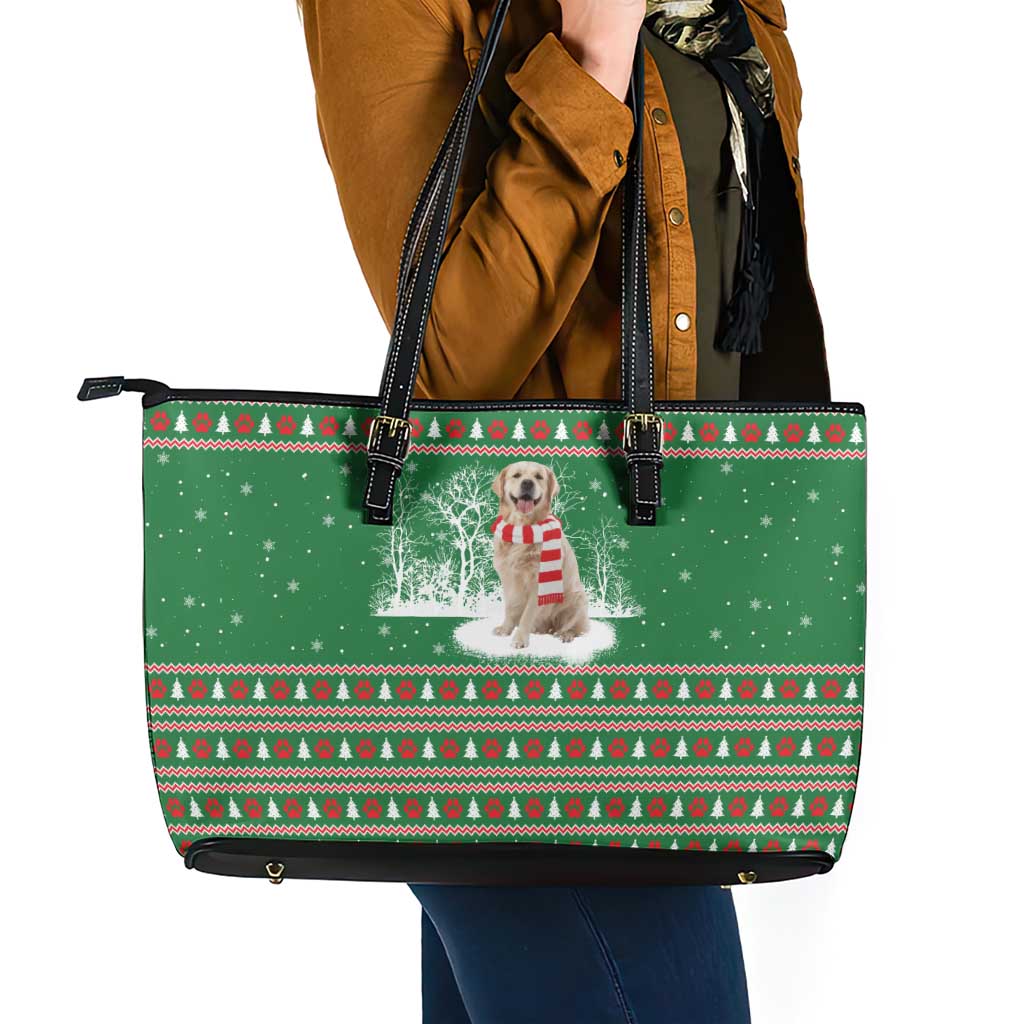 Golden Retriever Christmas Leather Tote Bag with Red Scarf Snowflakes and Tree Pattern - Wonder Print Shop