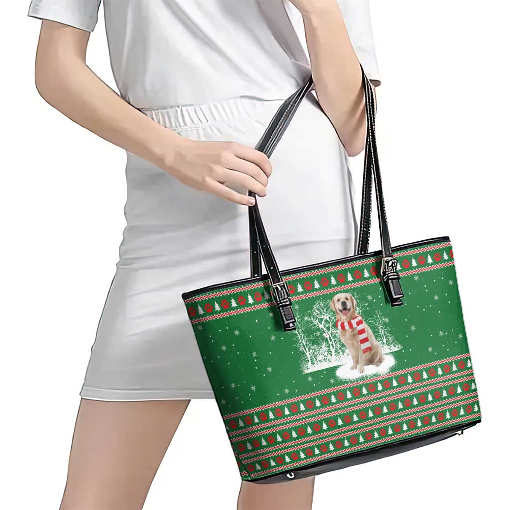 Golden Retriever Christmas Leather Tote Bag with Red Scarf Snowflakes and Tree Pattern - Wonder Print Shop