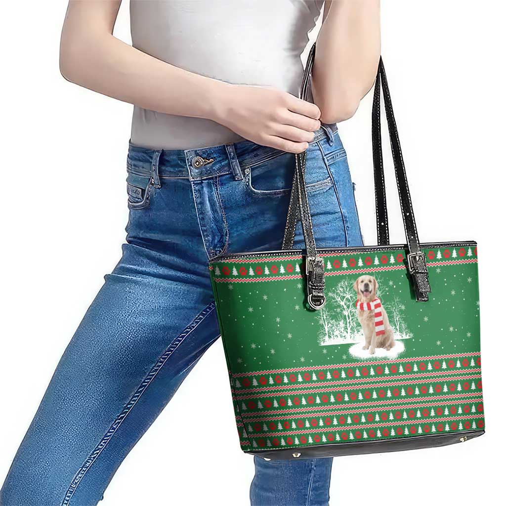 Golden Retriever Christmas Leather Tote Bag with Red Scarf Snowflakes and Tree Pattern - Wonder Print Shop