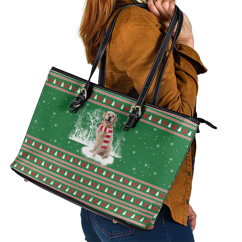 Golden Retriever Christmas Leather Tote Bag with Red Scarf Snowflakes and Tree Pattern - Wonder Print Shop