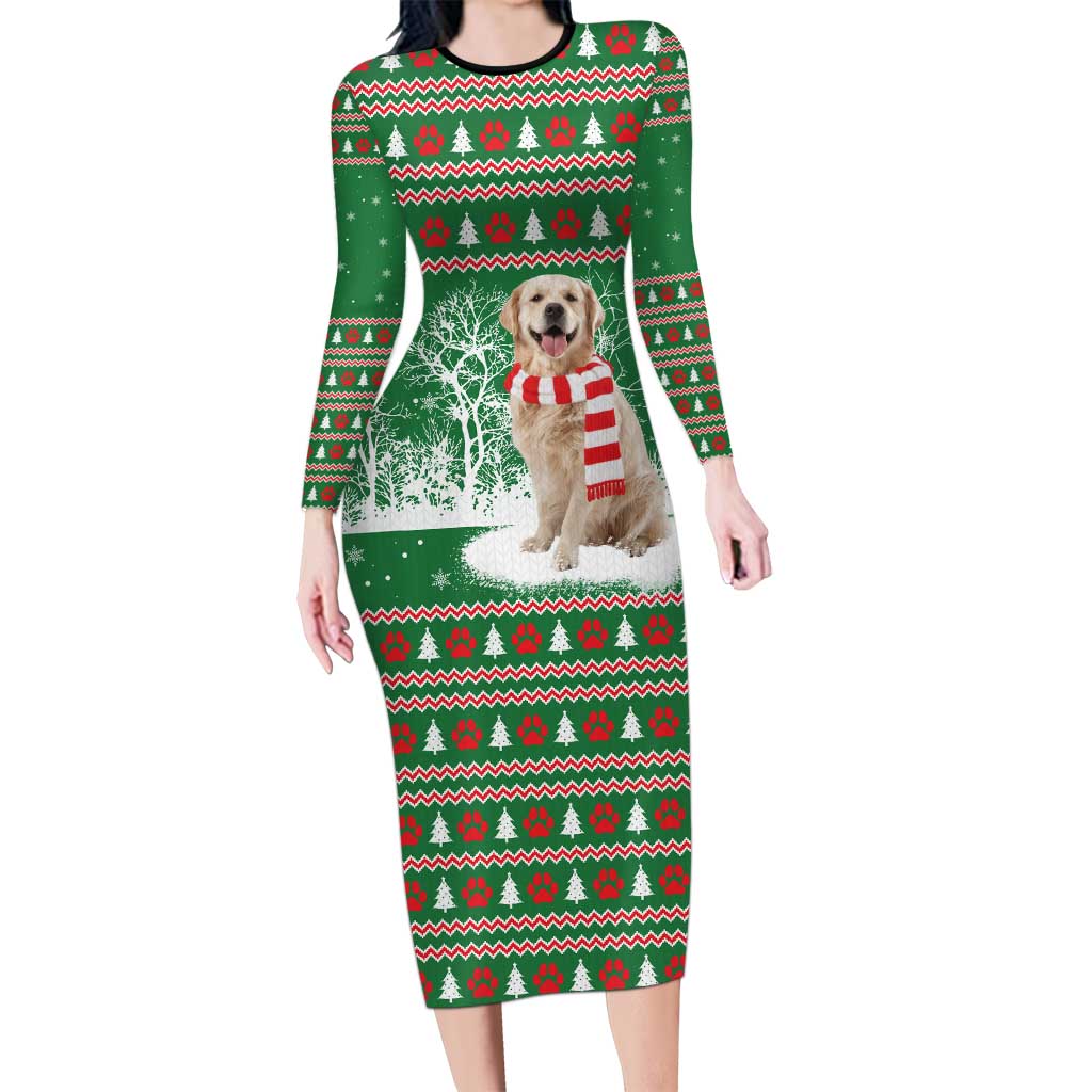 Golden Retriever Christmas Long Sleeve Bodycon Dress with Red Scarf Snowflakes and Tree Pattern - Wonder Print Shop