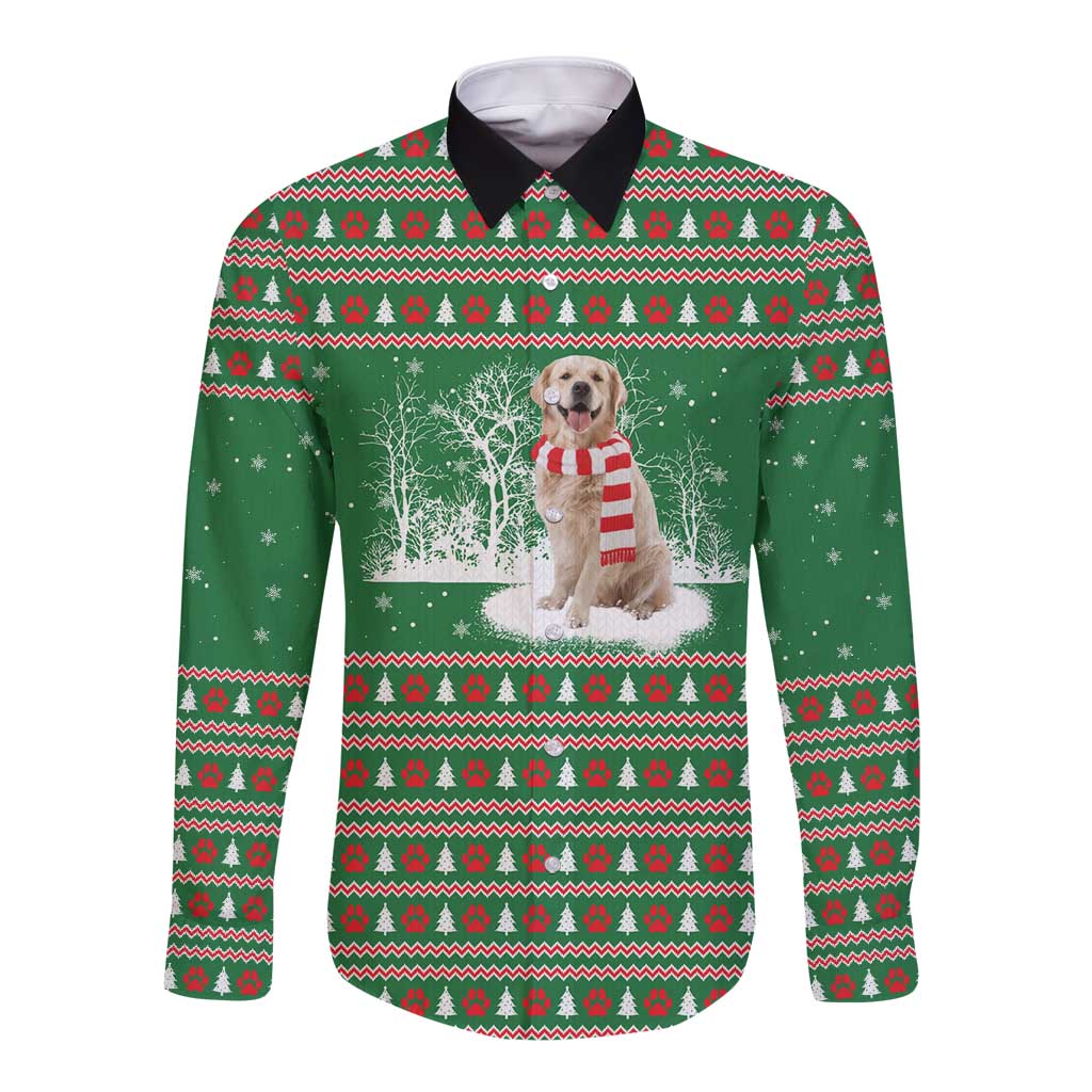 Golden Retriever Christmas Long Sleeve Button Shirt with Red Scarf Snowflakes and Tree Pattern - Wonder Print Shop