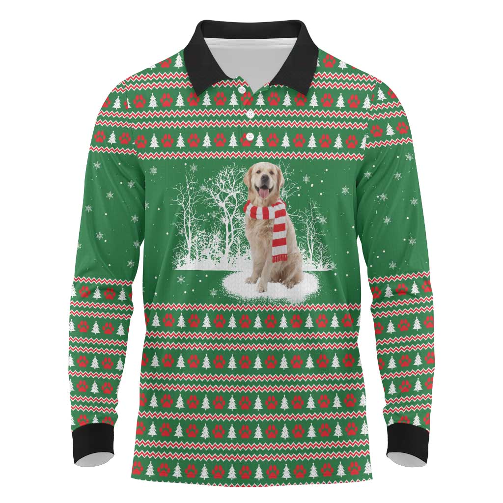 Golden Retriever Christmas Long Sleeve Polo Shirt with Red Scarf Snowflakes and Tree Pattern - Wonder Print Shop