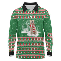 Golden Retriever Christmas Long Sleeve Polo Shirt with Red Scarf Snowflakes and Tree Pattern - Wonder Print Shop