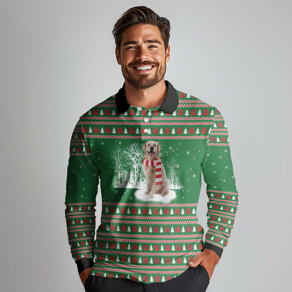 Golden Retriever Christmas Long Sleeve Polo Shirt with Red Scarf Snowflakes and Tree Pattern - Wonder Print Shop