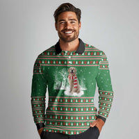 Golden Retriever Christmas Long Sleeve Polo Shirt with Red Scarf Snowflakes and Tree Pattern - Wonder Print Shop
