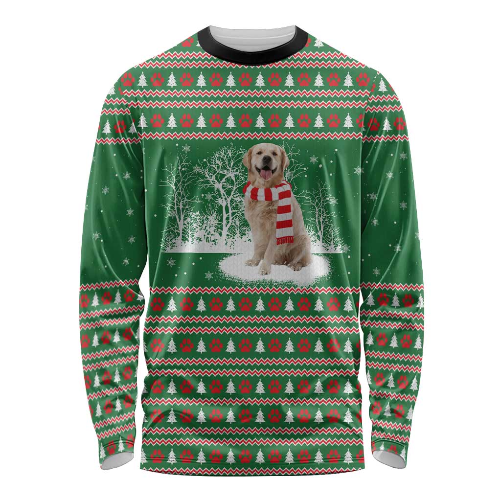 Golden Retriever Christmas Long Sleeve Shirt with Red Scarf Snowflakes and Tree Pattern - Wonder Print Shop