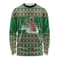 Golden Retriever Christmas Long Sleeve Shirt with Red Scarf Snowflakes and Tree Pattern - Wonder Print Shop