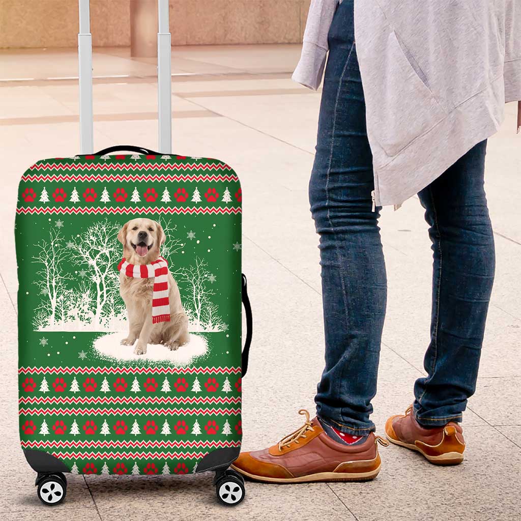 Golden Retriever Christmas Luggage Cover with Red Scarf Snowflakes and Tree Pattern - Wonder Print Shop