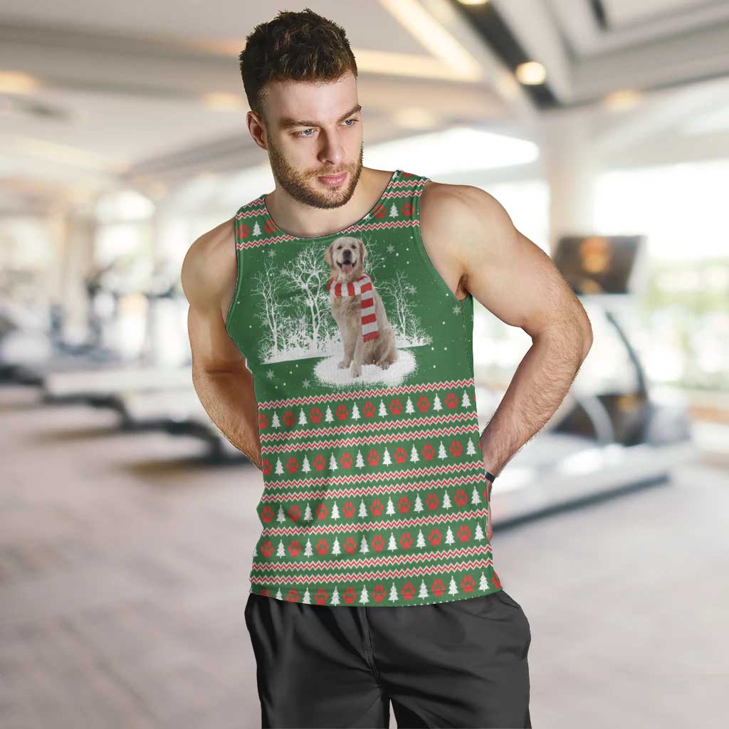 Golden Retriever Christmas Men Tank Top with Red Scarf Snowflakes and Tree Pattern - Wonder Print Shop