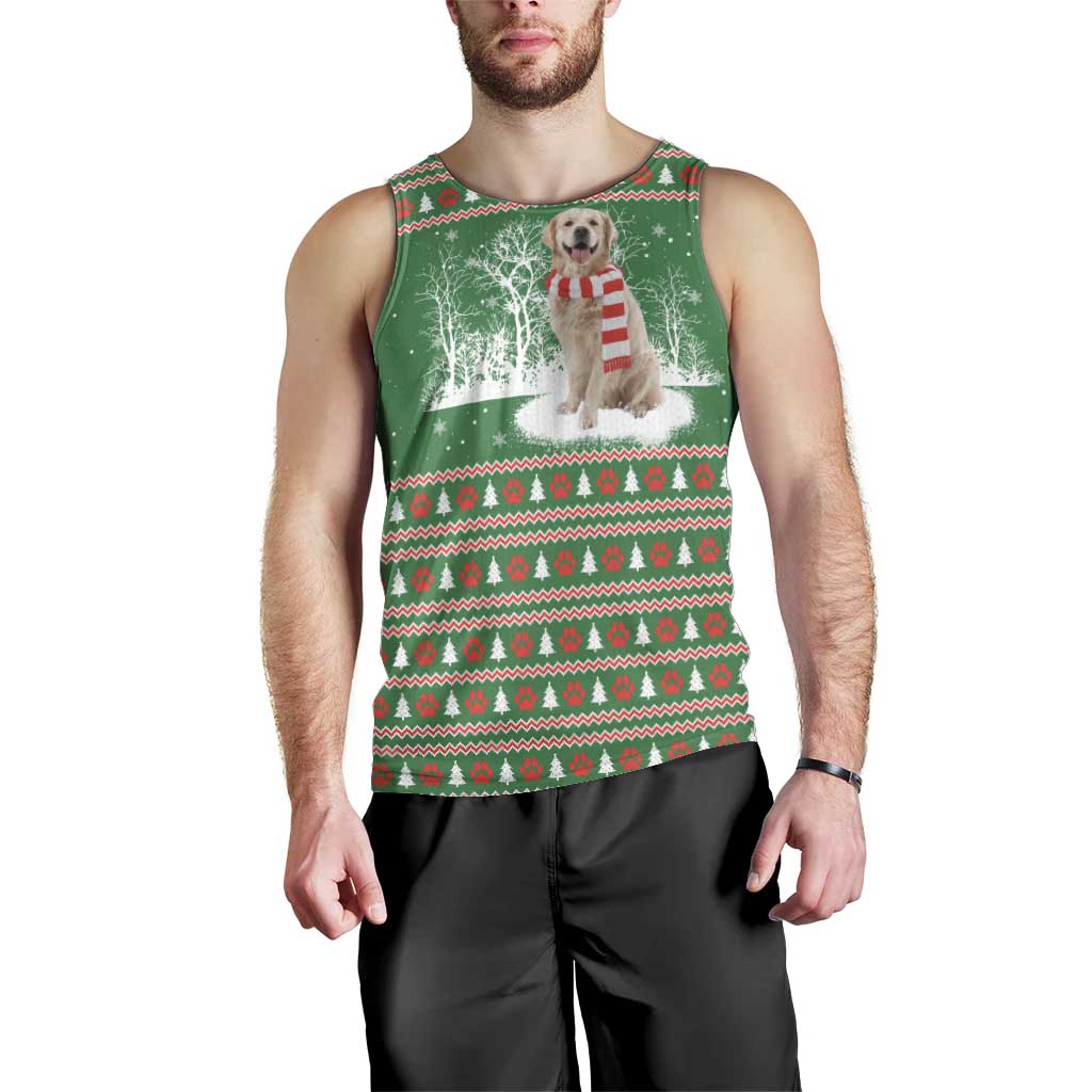 Golden Retriever Christmas Men Tank Top with Red Scarf Snowflakes and Tree Pattern - Wonder Print Shop
