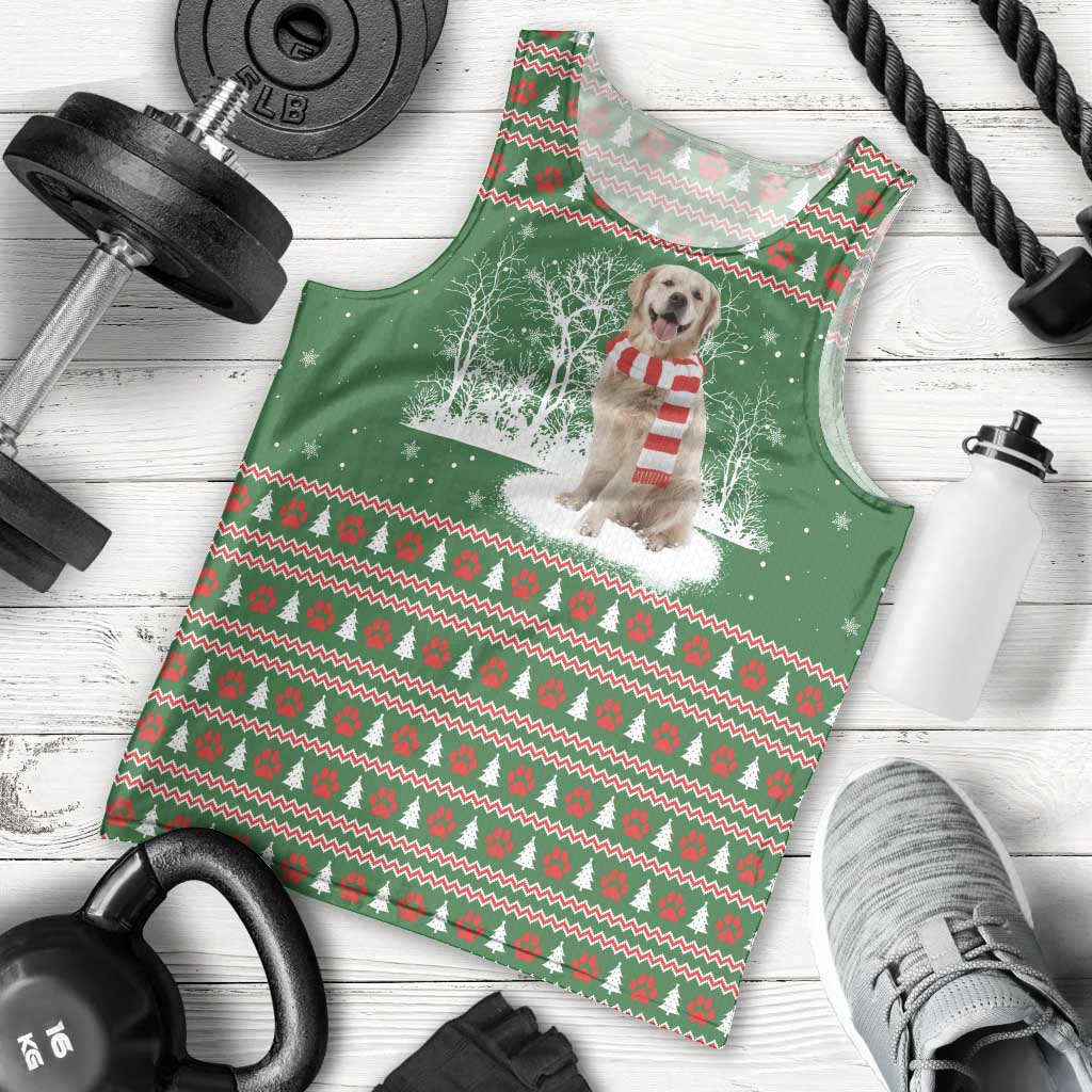 Golden Retriever Christmas Men Tank Top with Red Scarf Snowflakes and Tree Pattern - Wonder Print Shop