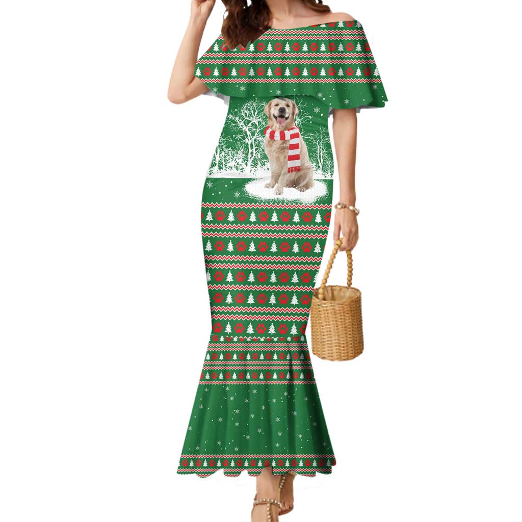 Golden Retriever Christmas Mermaid Dress with Red Scarf Snowflakes and Tree Pattern - Wonder Print Shop