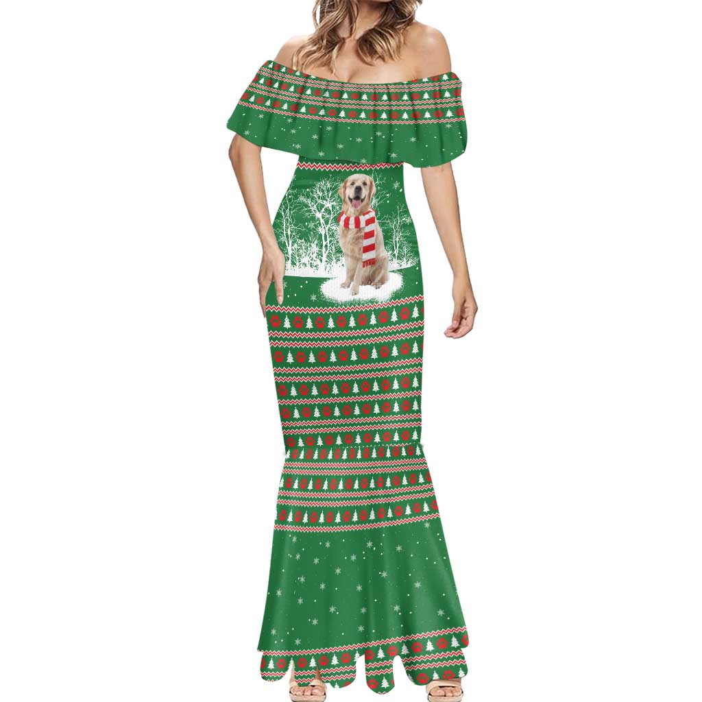 Golden Retriever Christmas Mermaid Dress with Red Scarf Snowflakes and Tree Pattern - Wonder Print Shop