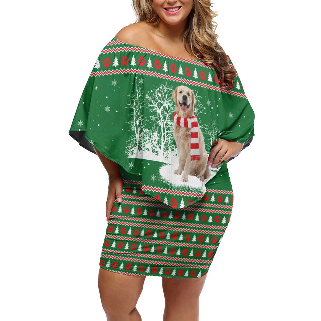 Golden Retriever Christmas Off Shoulder Short Dress with Red Scarf Snowflakes and Tree Pattern - Wonder Print Shop