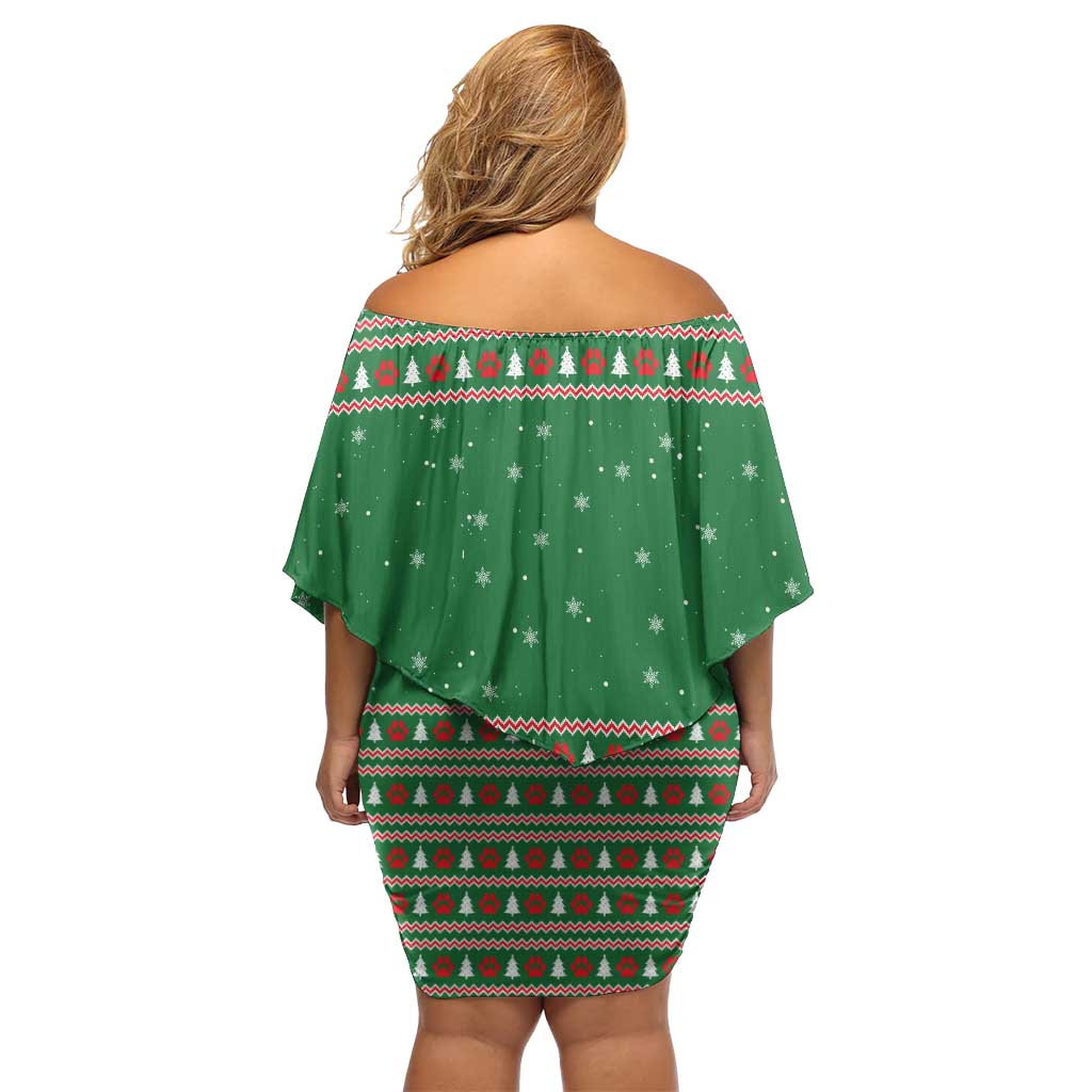 Golden Retriever Christmas Off Shoulder Short Dress with Red Scarf Snowflakes and Tree Pattern - Wonder Print Shop