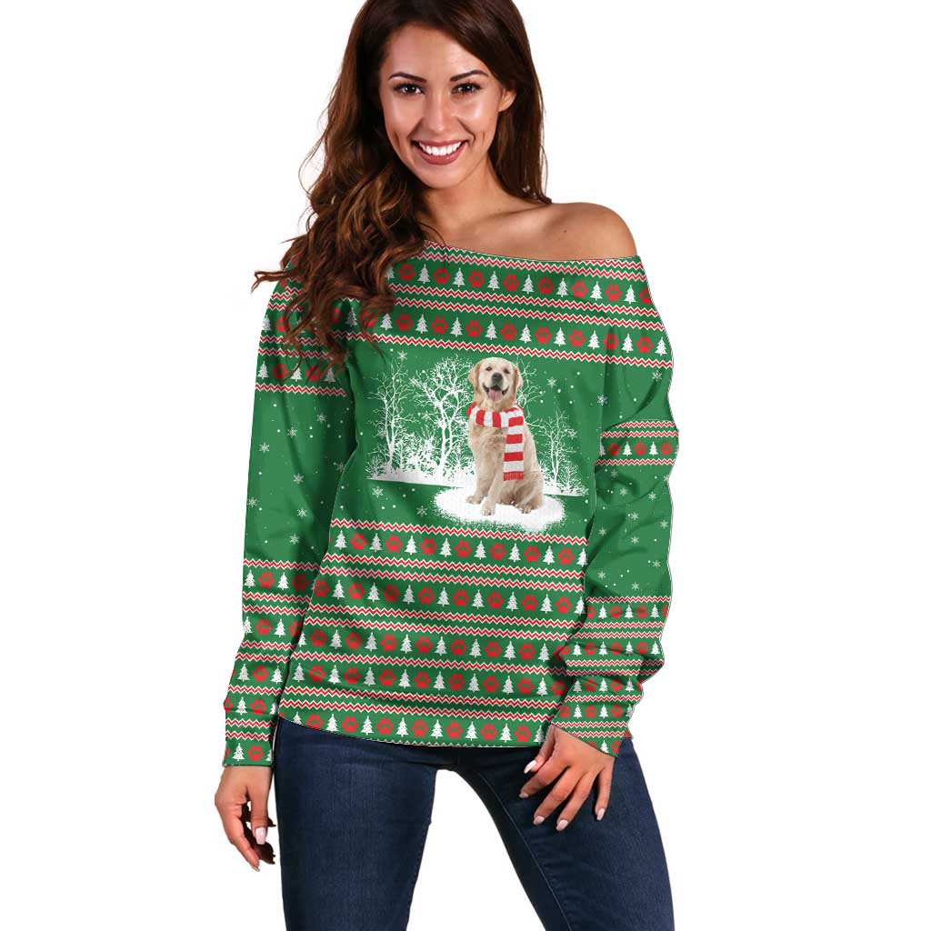 Golden Retriever Christmas Off Shoulder Sweater with Red Scarf Snowflakes and Tree Pattern - Wonder Print Shop