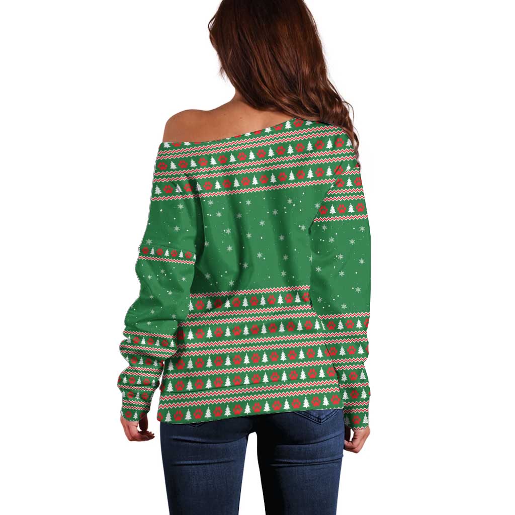 Golden Retriever Christmas Off Shoulder Sweater with Red Scarf Snowflakes and Tree Pattern - Wonder Print Shop
