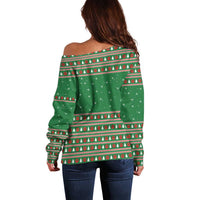 Golden Retriever Christmas Off Shoulder Sweater with Red Scarf Snowflakes and Tree Pattern - Wonder Print Shop