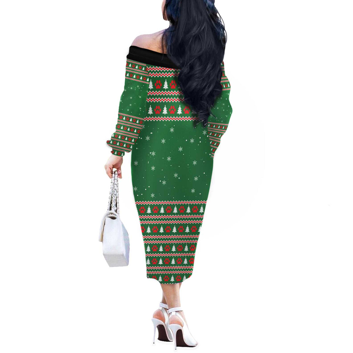 Golden Retriever Christmas Off The Shoulder Long Sleeve Dress with Red Scarf Snowflakes and Tree Pattern - Wonder Print Shop