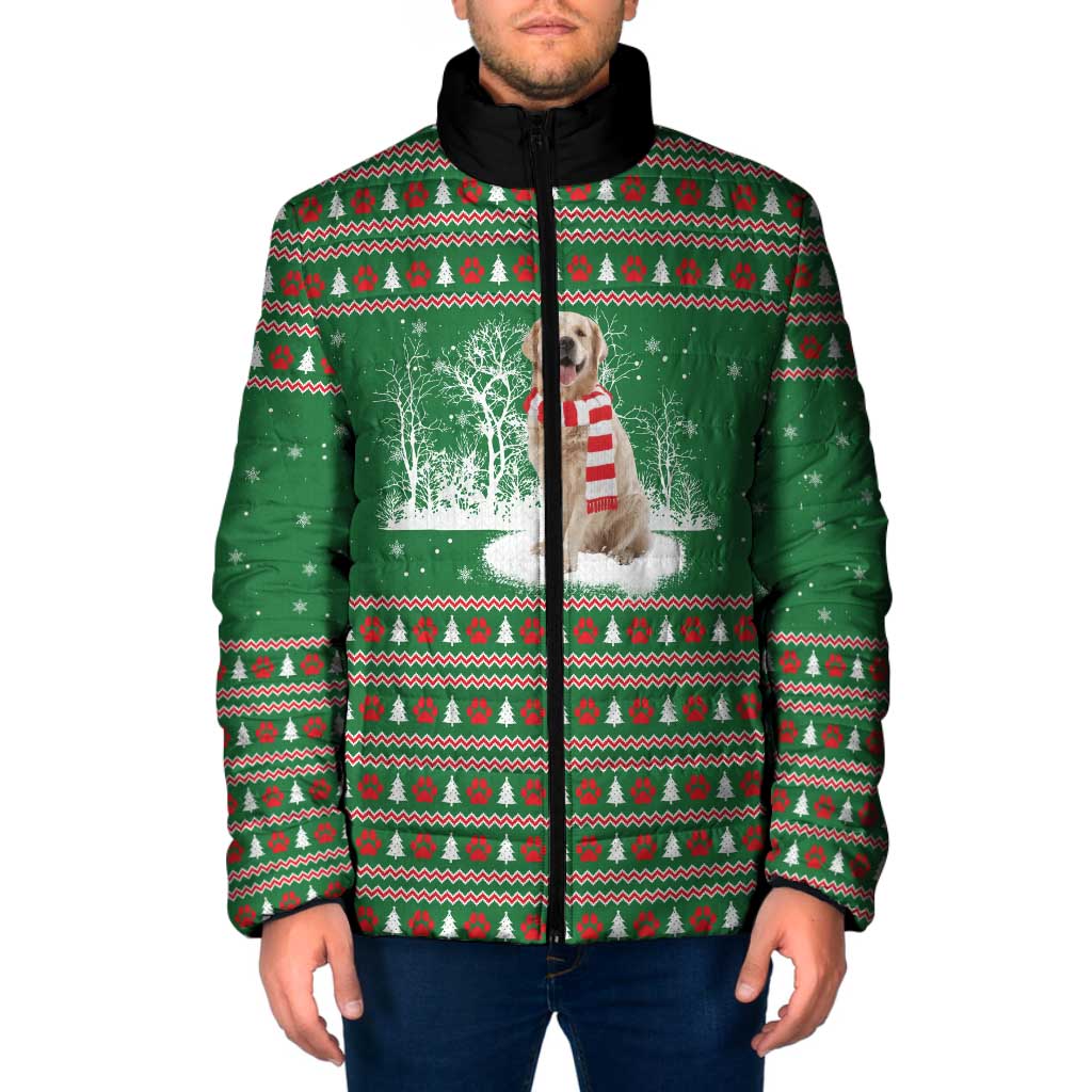 Golden Retriever Christmas Padded Jacket with Red Scarf Snowflakes and Tree Pattern - Wonder Print Shop