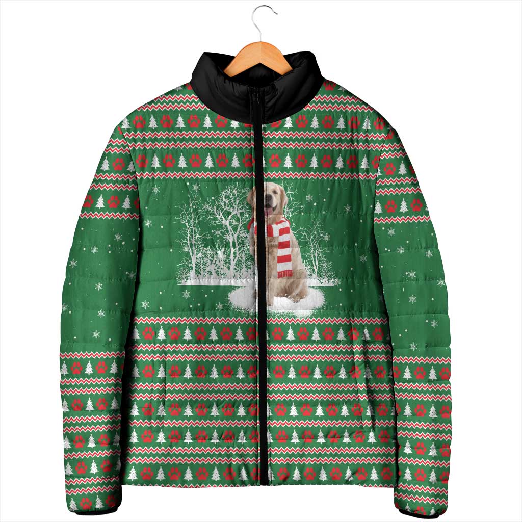 Golden Retriever Christmas Padded Jacket with Red Scarf Snowflakes and Tree Pattern - Wonder Print Shop