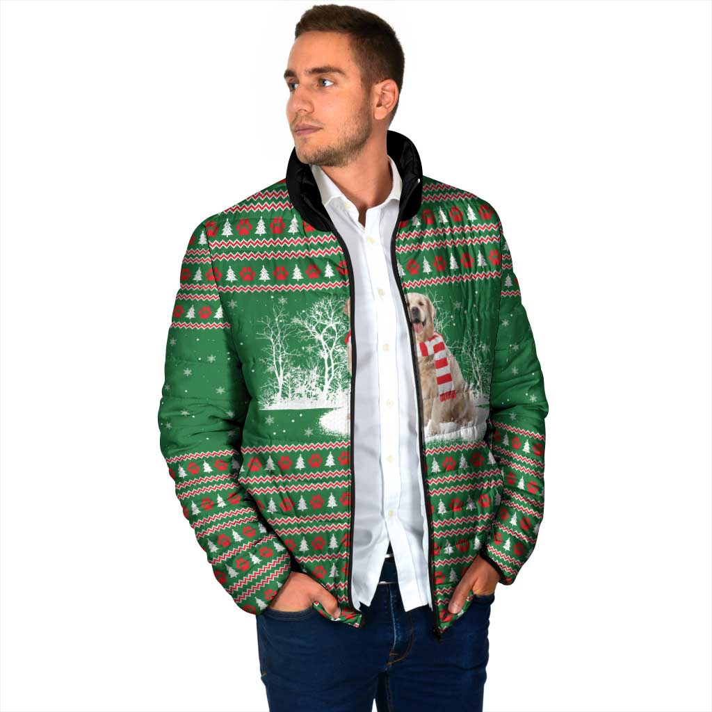 Golden Retriever Christmas Padded Jacket with Red Scarf Snowflakes and Tree Pattern - Wonder Print Shop