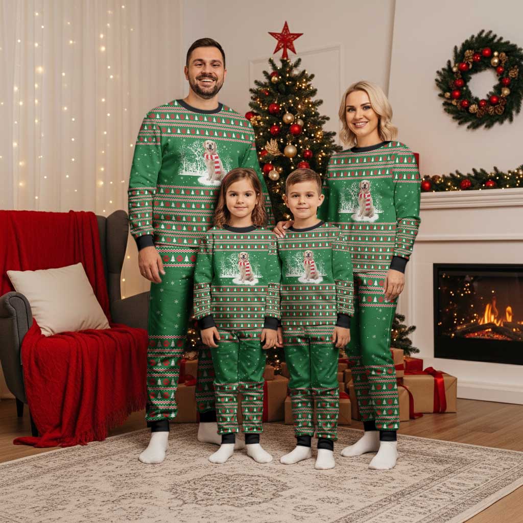 Golden Retriever Christmas Pajama Set with Red Scarf Snowflakes and Tree Pattern - Wonder Print Shop
