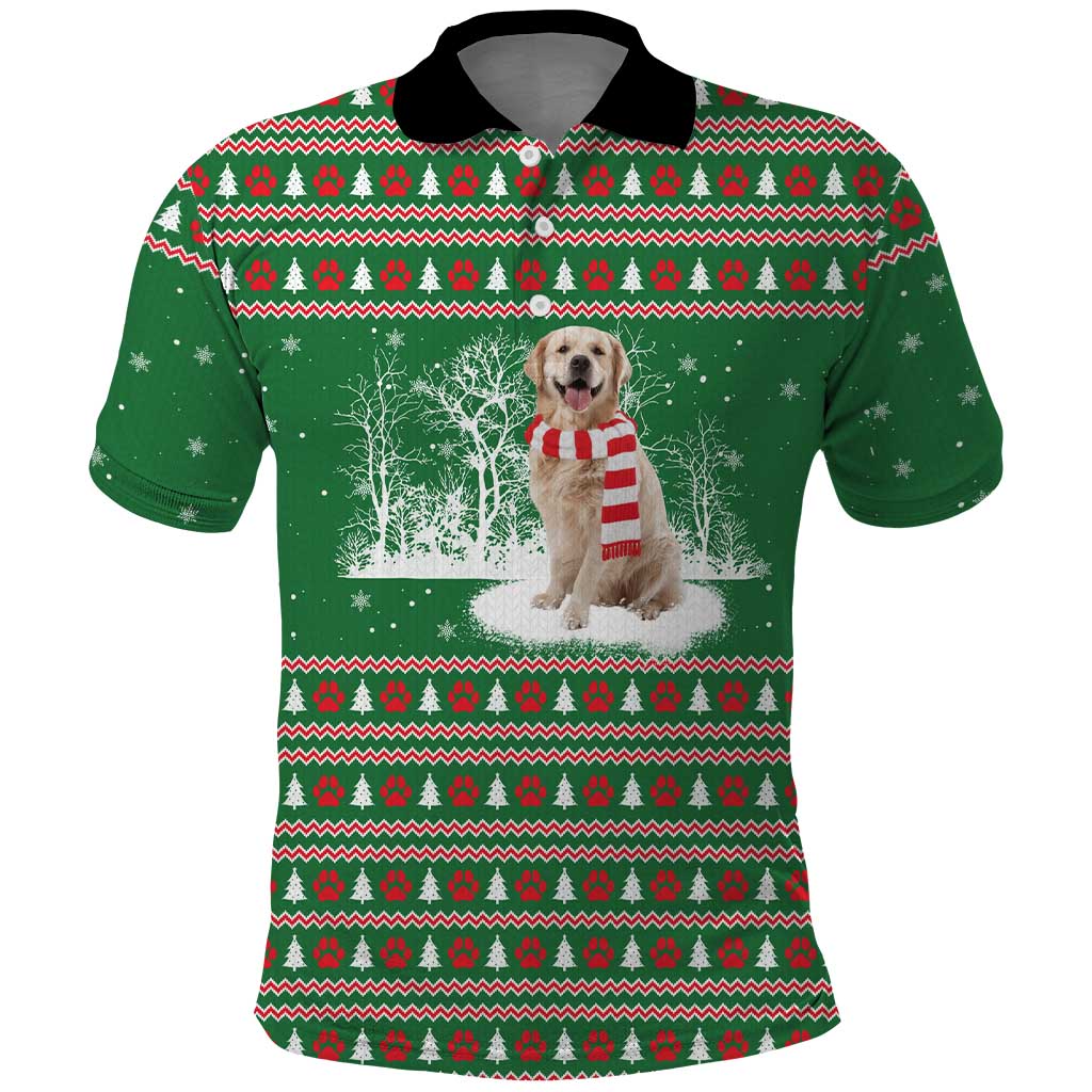 Golden Retriever Christmas Polo Shirt with Red Scarf Snowflakes and Tree Pattern - Wonder Print Shop