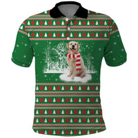 Golden Retriever Christmas Polo Shirt with Red Scarf Snowflakes and Tree Pattern - Wonder Print Shop