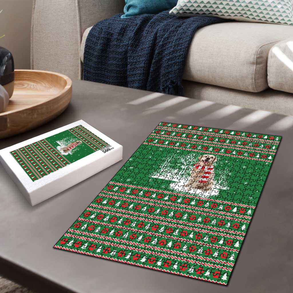 Golden Retriever Christmas Puzzle with Red Scarf Snowflakes and Tree Pattern - Wonder Print Shop