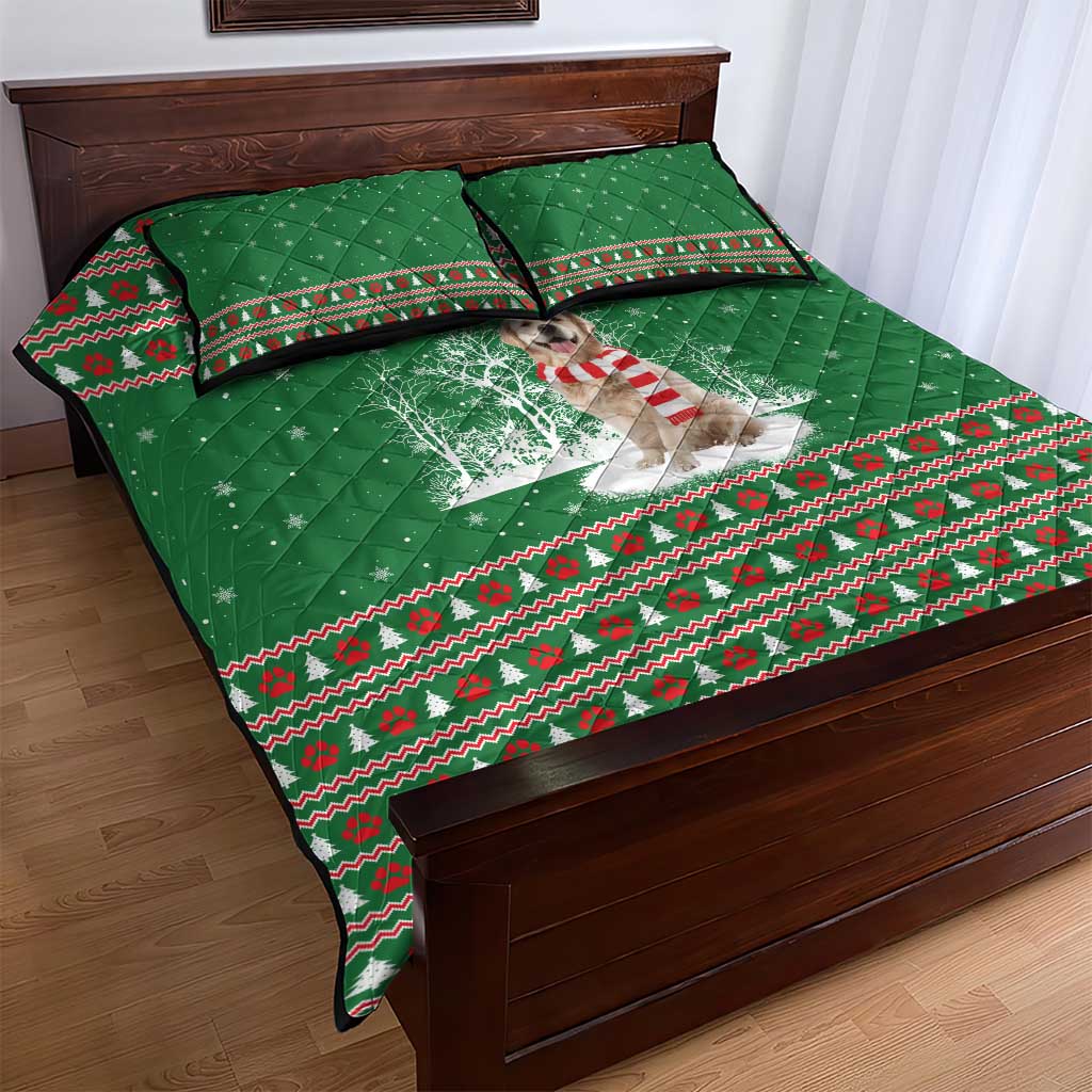 Golden Retriever Christmas Quilt Bed Set with Red Scarf Snowflakes and Tree Pattern - Wonder Print Shop