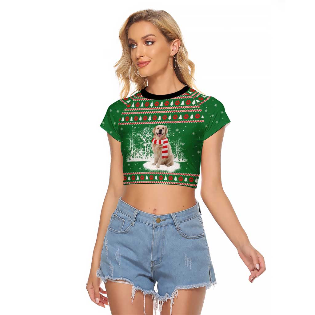 Golden Retriever Christmas Raglan Cropped T Shirt with Red Scarf Snowflakes and Tree Pattern - Wonder Print Shop