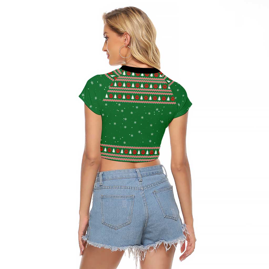 Golden Retriever Christmas Raglan Cropped T Shirt with Red Scarf Snowflakes and Tree Pattern - Wonder Print Shop