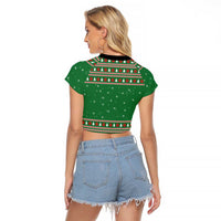 Golden Retriever Christmas Raglan Cropped T Shirt with Red Scarf Snowflakes and Tree Pattern - Wonder Print Shop