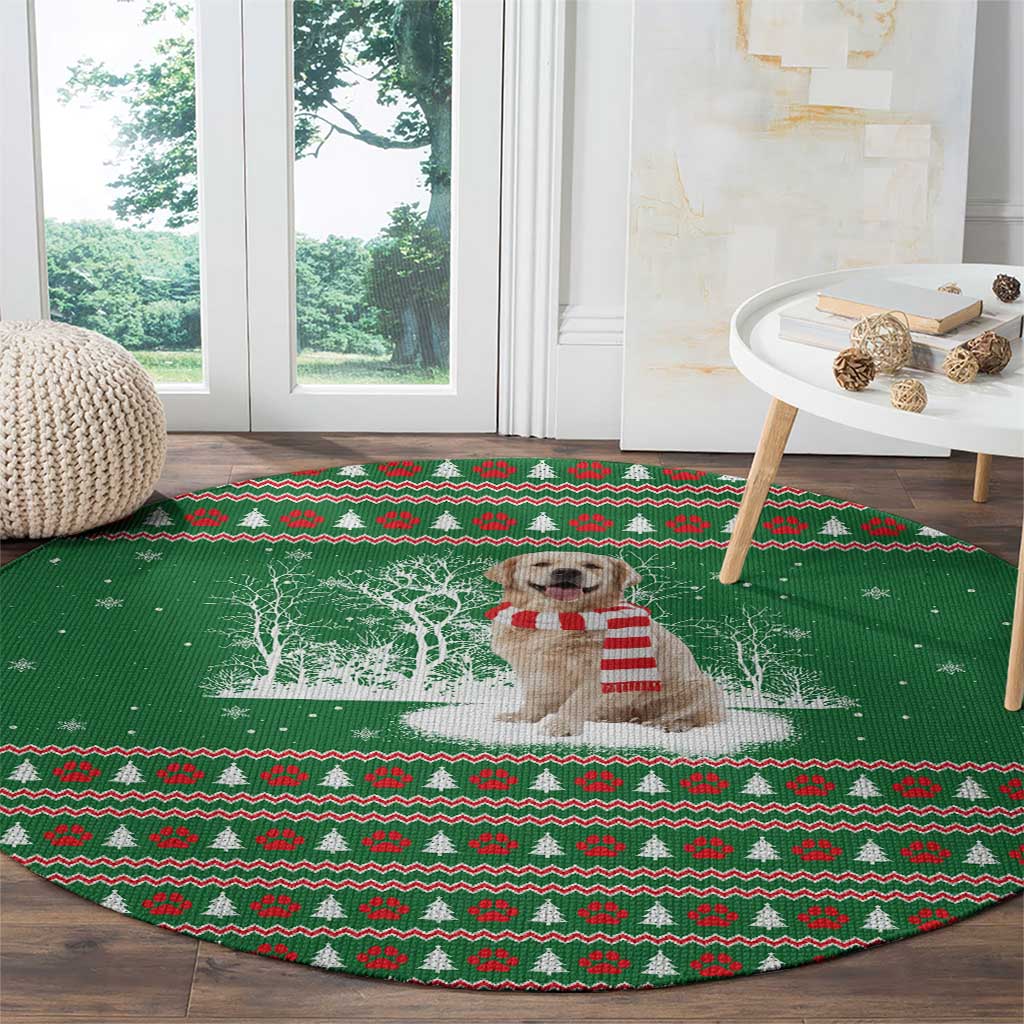 Golden Retriever Christmas Round Carpet with Red Scarf Snowflakes and Tree Pattern - Wonder Print Shop