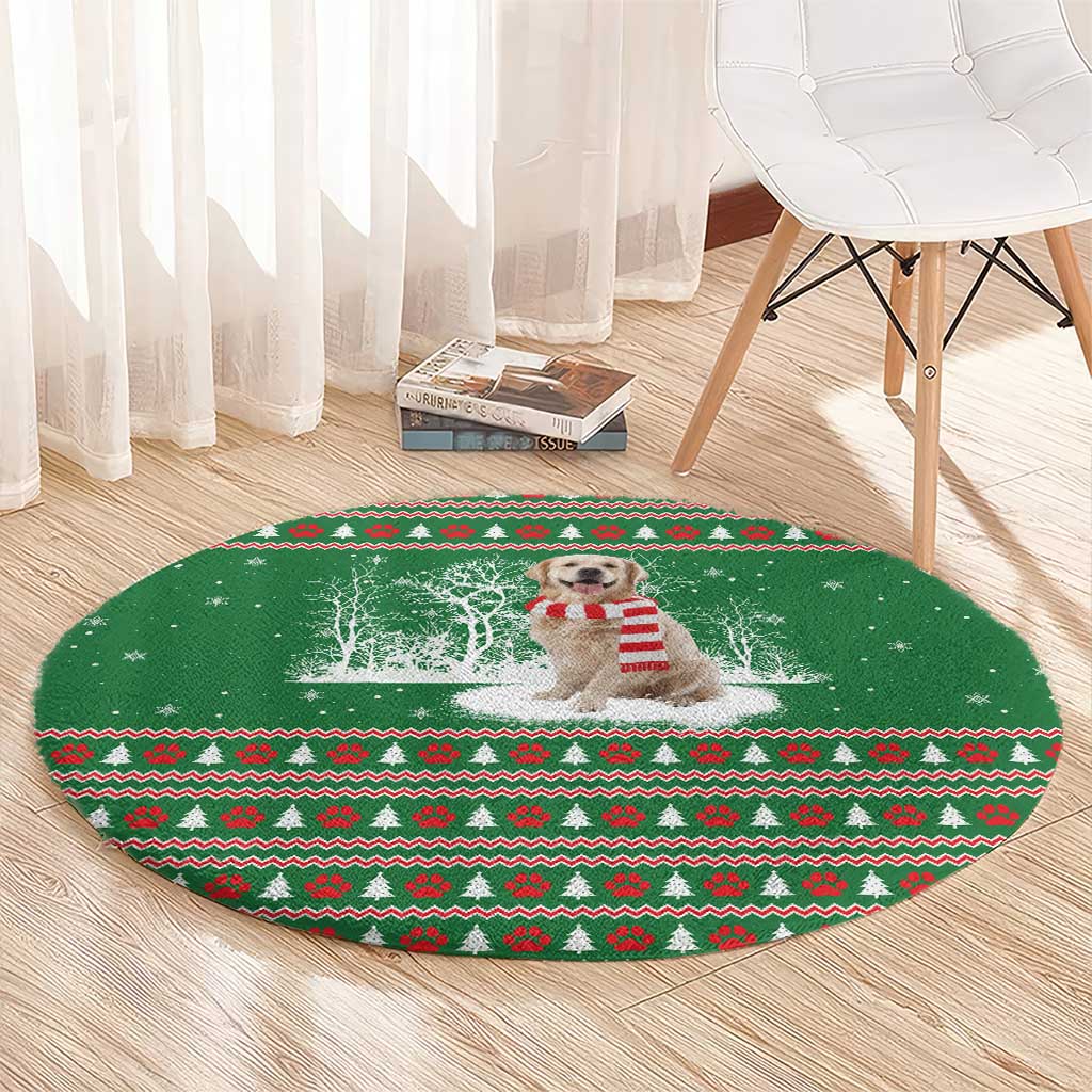 Golden Retriever Christmas Round Carpet with Red Scarf Snowflakes and Tree Pattern - Wonder Print Shop