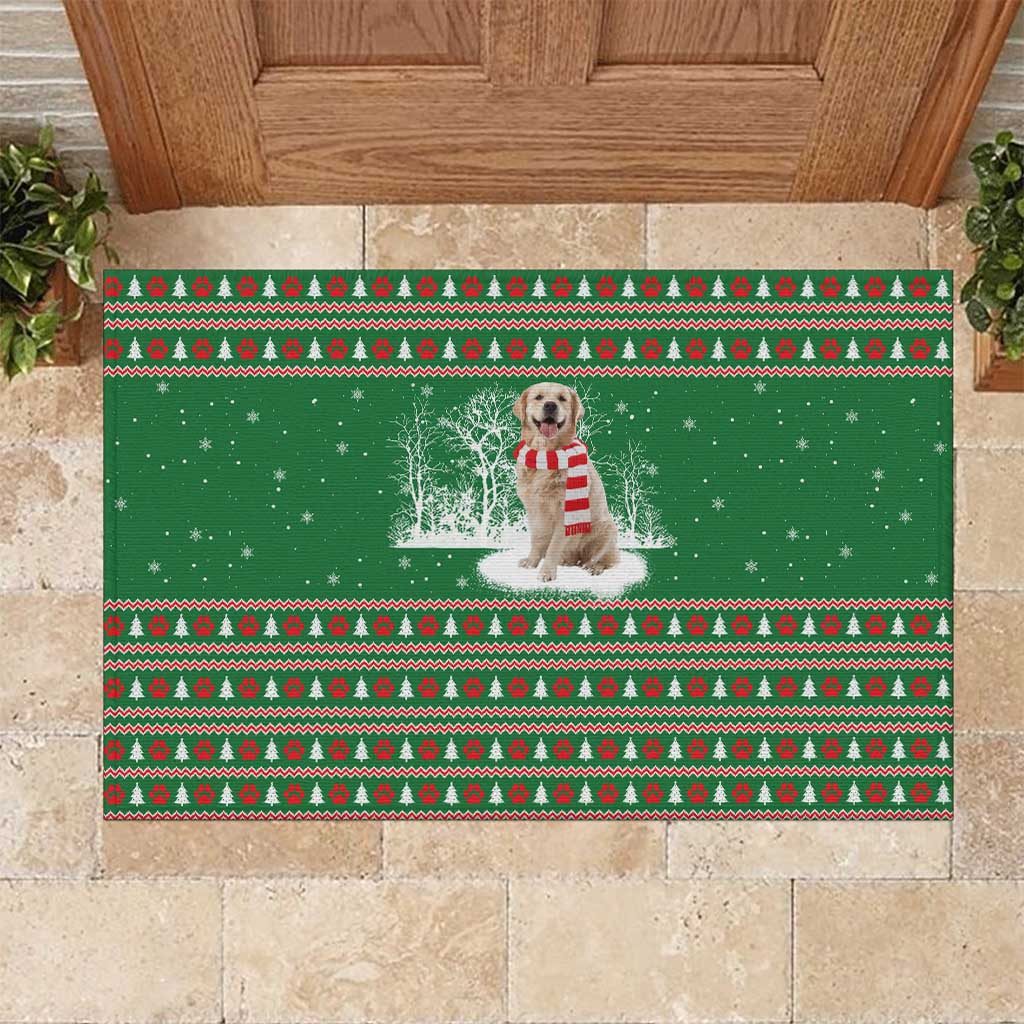 Golden Retriever Christmas Rubber Doormat with Red Scarf Snowflakes and Tree Pattern - Wonder Print Shop