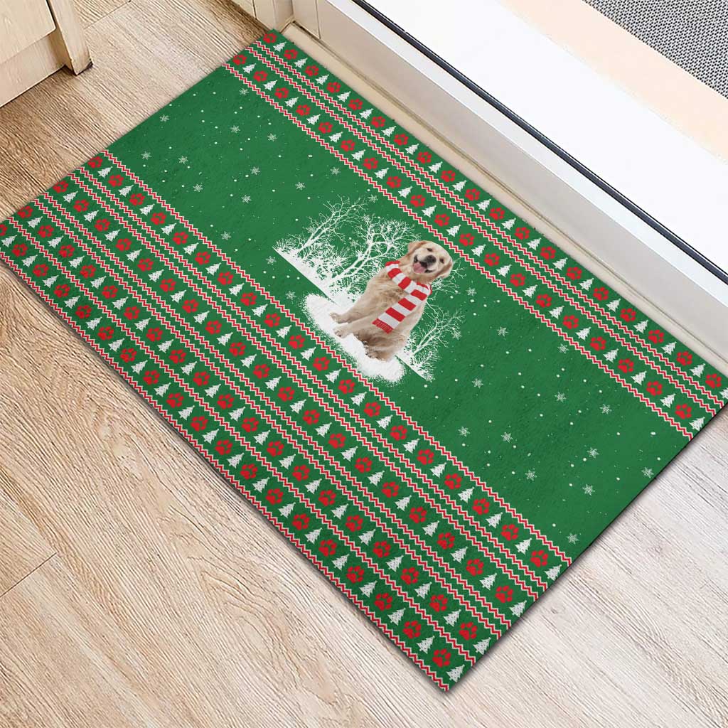 Golden Retriever Christmas Rubber Doormat with Red Scarf Snowflakes and Tree Pattern - Wonder Print Shop