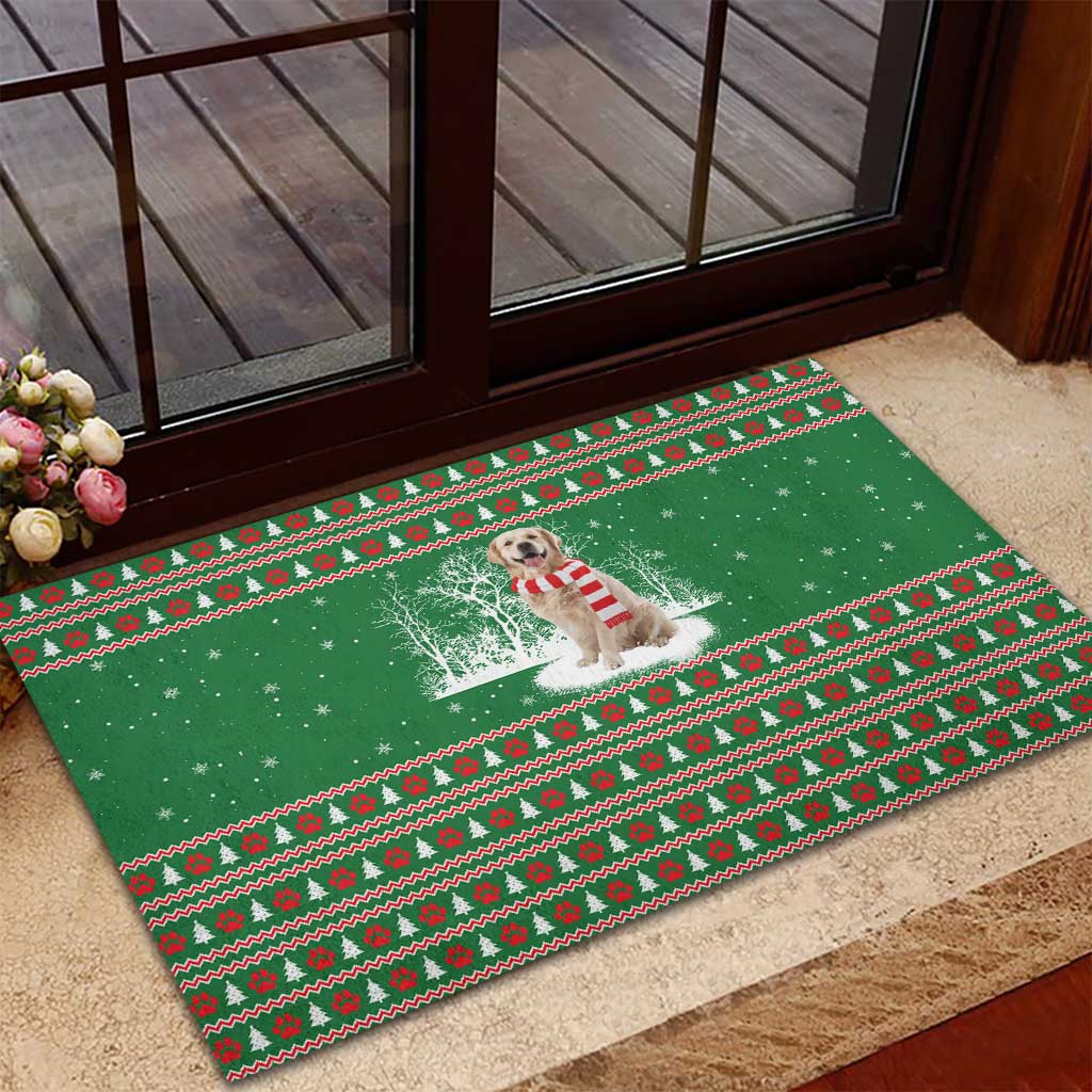 Golden Retriever Christmas Rubber Doormat with Red Scarf Snowflakes and Tree Pattern - Wonder Print Shop