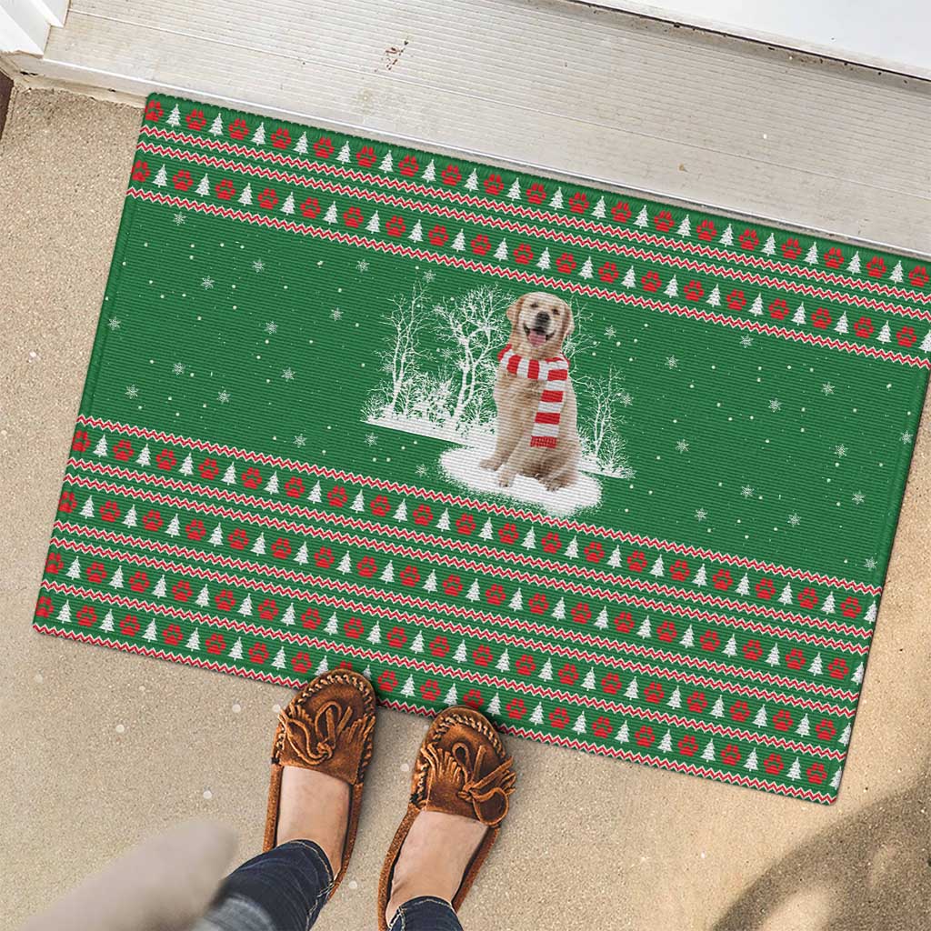 Golden Retriever Christmas Rubber Doormat with Red Scarf Snowflakes and Tree Pattern - Wonder Print Shop