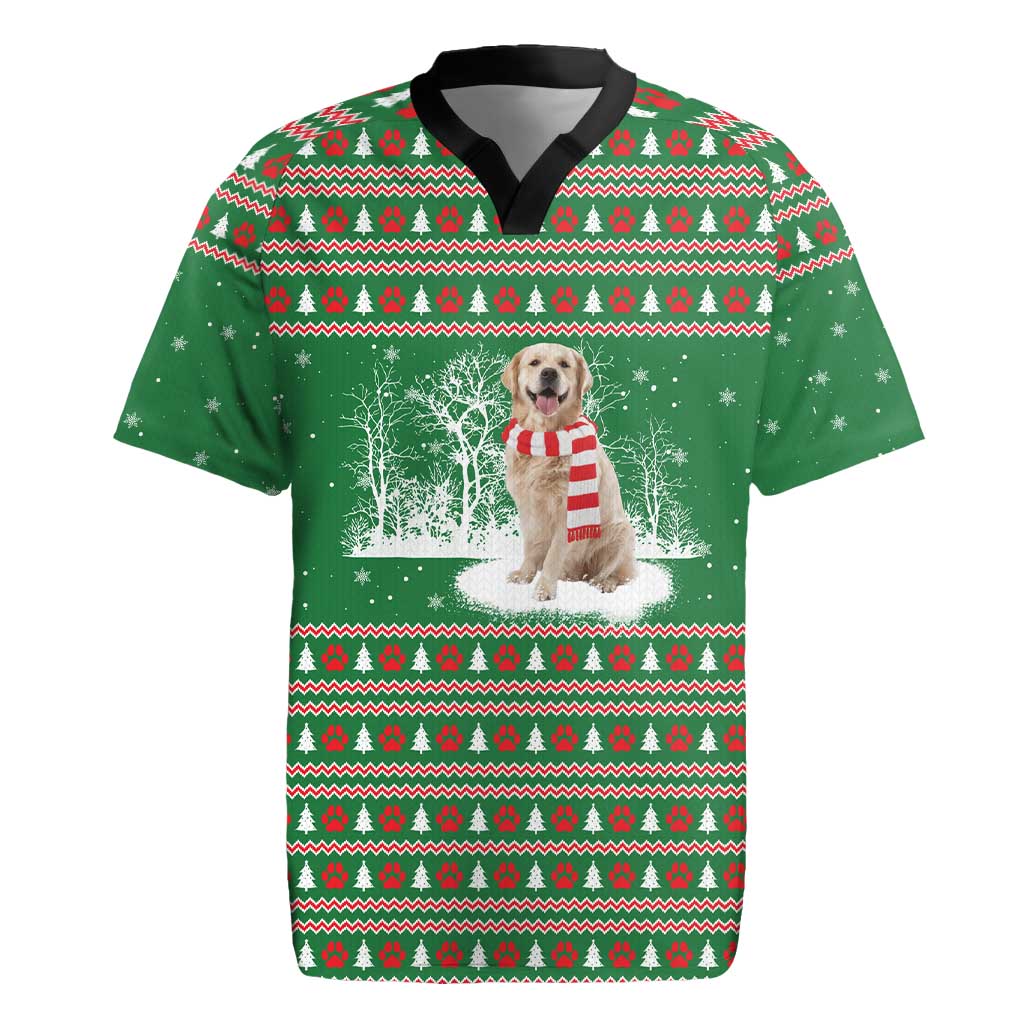 Golden Retriever Christmas Rugby Jersey with Red Scarf Snowflakes and Tree Pattern - Wonder Print Shop