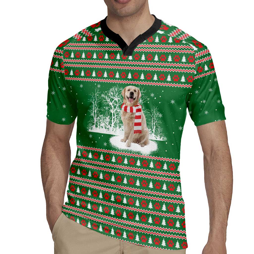Golden Retriever Christmas Rugby Jersey with Red Scarf Snowflakes and Tree Pattern - Wonder Print Shop